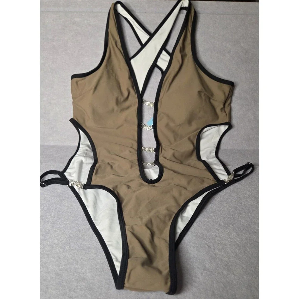 CUPSHE One Pc Swimsuit Women's Sz XL Taupe/Black Cut Out Rhinestone High Cut NWT